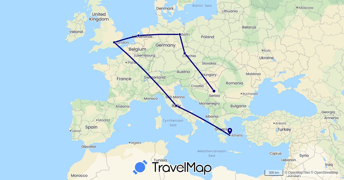 TravelMap itinerary: driving in Czech Republic, Germany, United Kingdom, Greece, Italy, Netherlands, Serbia (Europe)