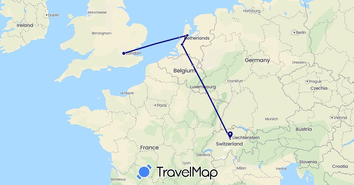 TravelMap itinerary: driving in Switzerland, United Kingdom, Netherlands (Europe)